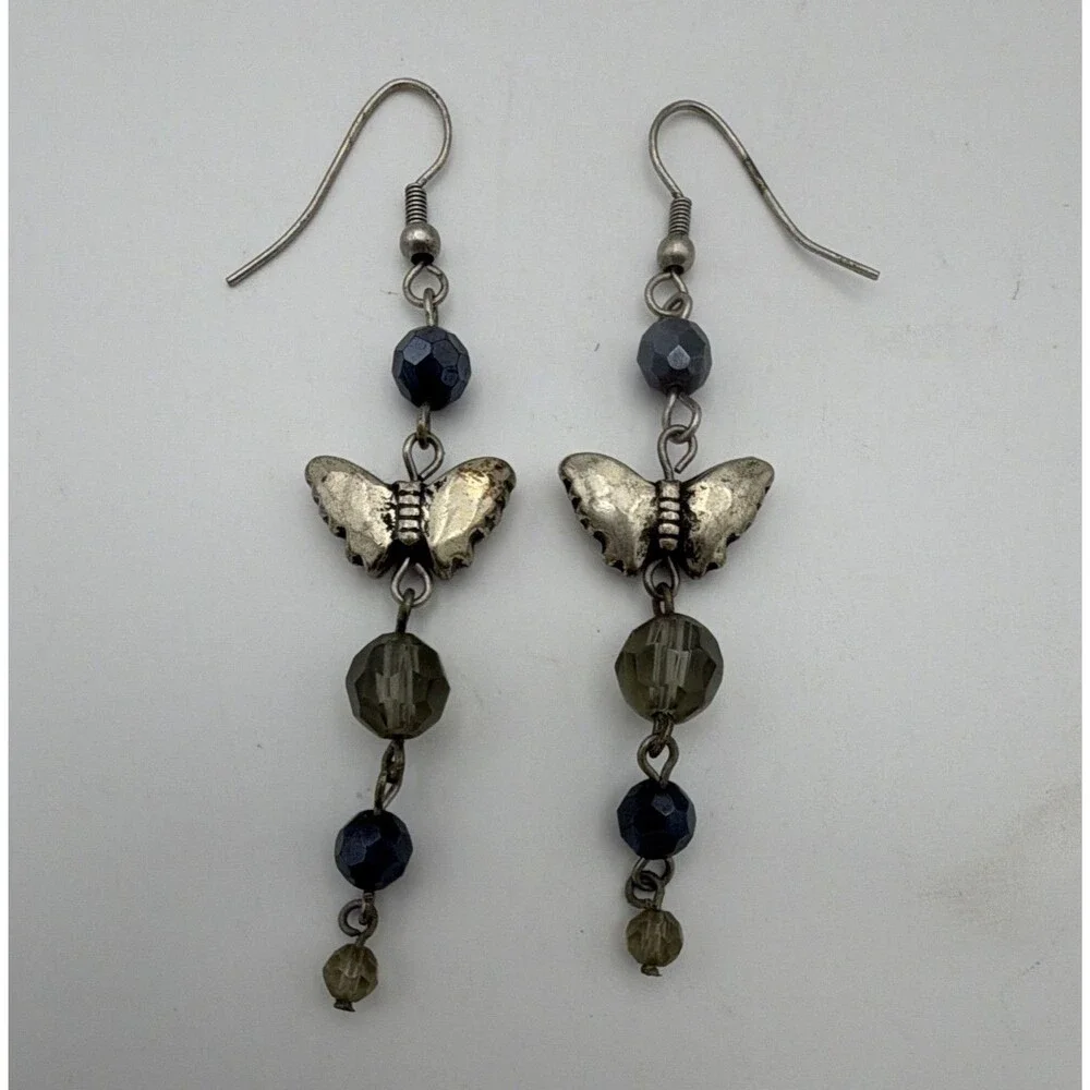 Silver Tone Butterfly Charm Blue Round Glass Bead Dangle Drop Earrings Hook 3”